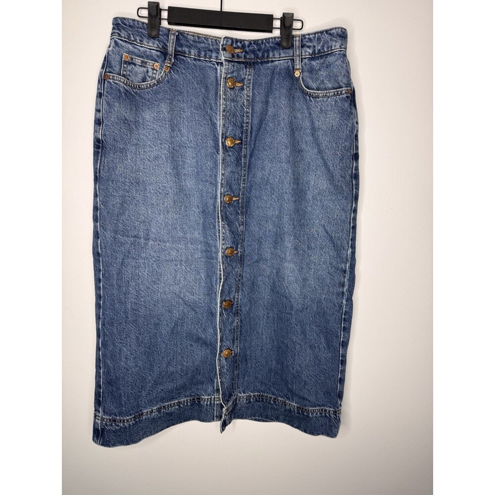 Boden Denim Straight Pencil Skirt Button Front Midi Medium Wash Jean 10 Cotton